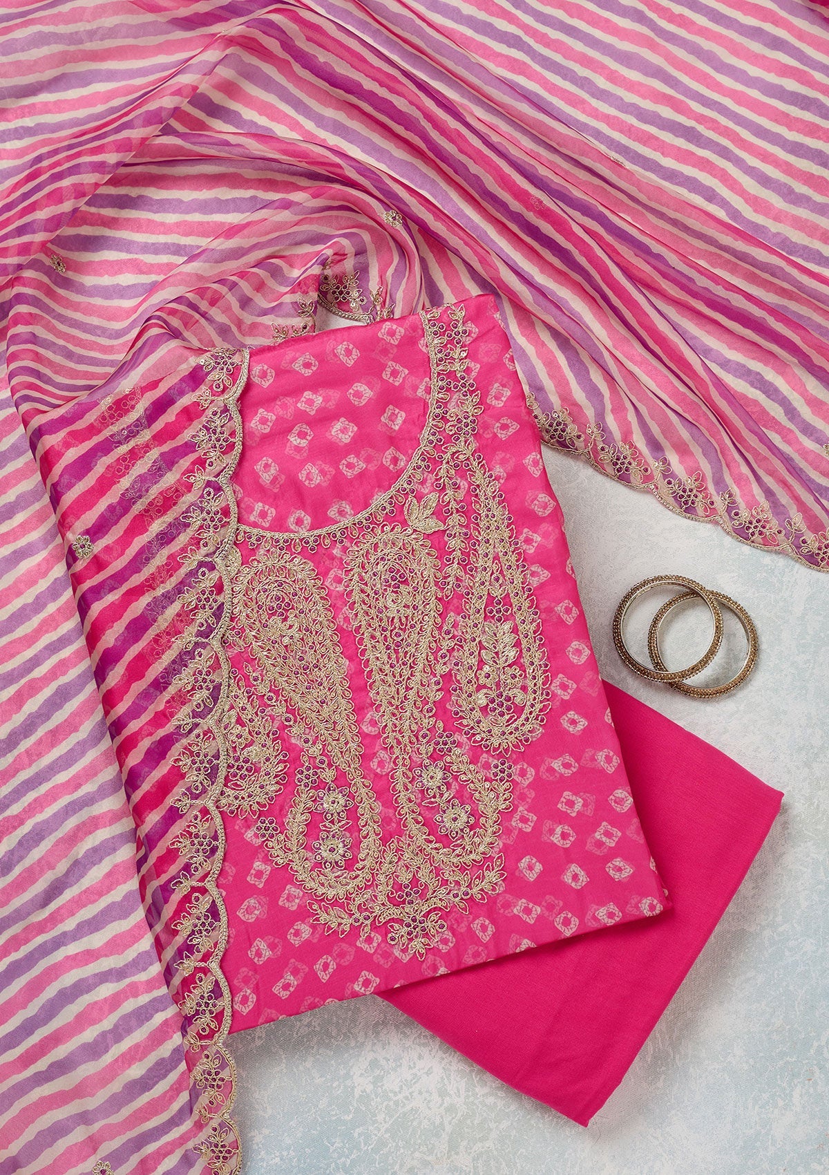 Pink Zariwork (Gold) Organza Unstitched Salwar Suit-Koskii