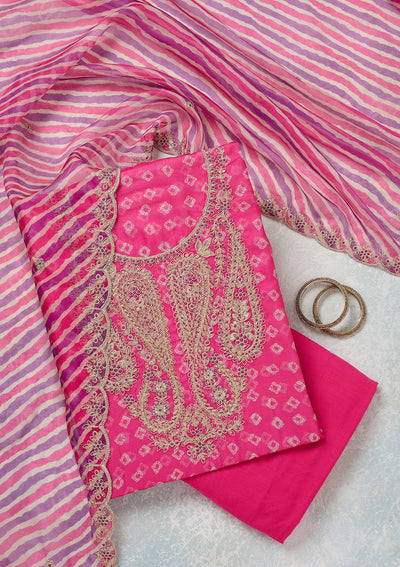 Pink Zariwork (Gold) Organza Unstitched Salwar Suit-Koskii