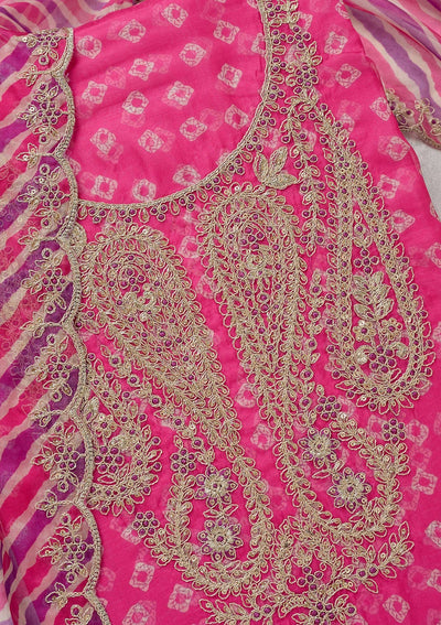 Pink Zariwork (Gold) Organza Unstitched Salwar Suit-Koskii