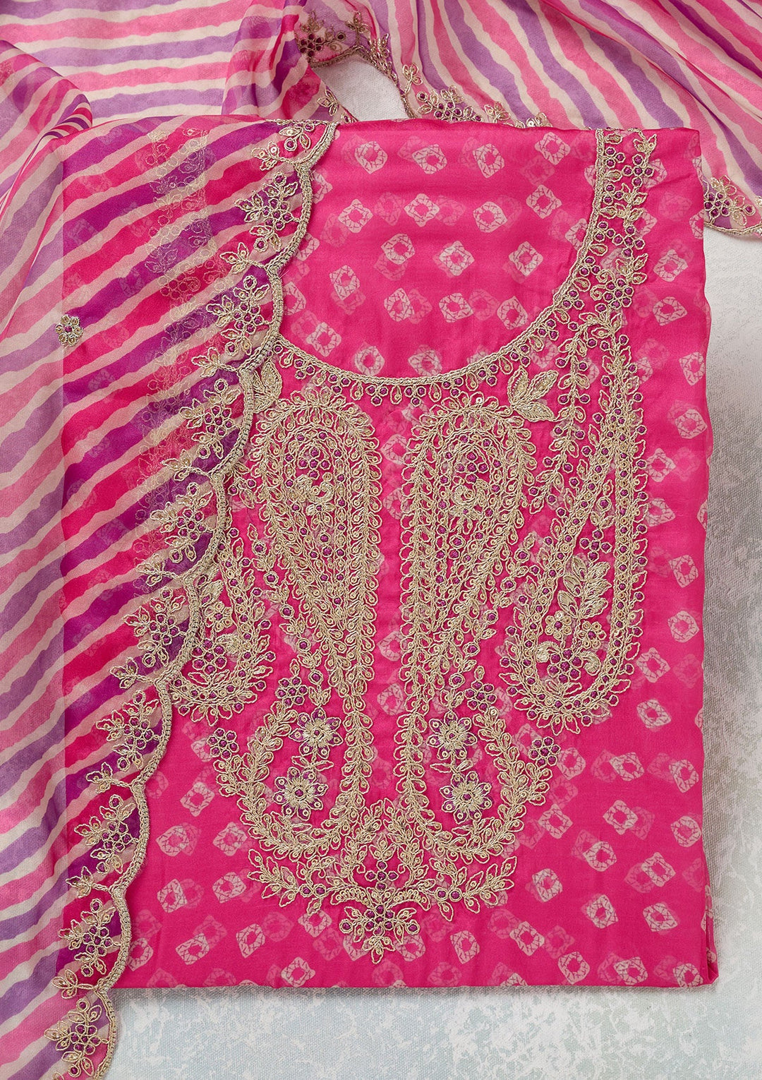 Pink Zariwork (Gold) Organza Unstitched Salwar Suit-Koskii