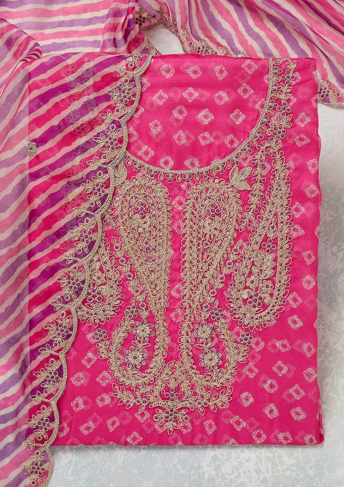 Pink Zariwork (Gold) Organza Unstitched Salwar Suit-Koskii