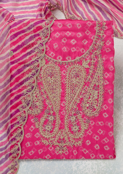 Pink Zariwork (Gold) Organza Unstitched Salwar Suit-Koskii