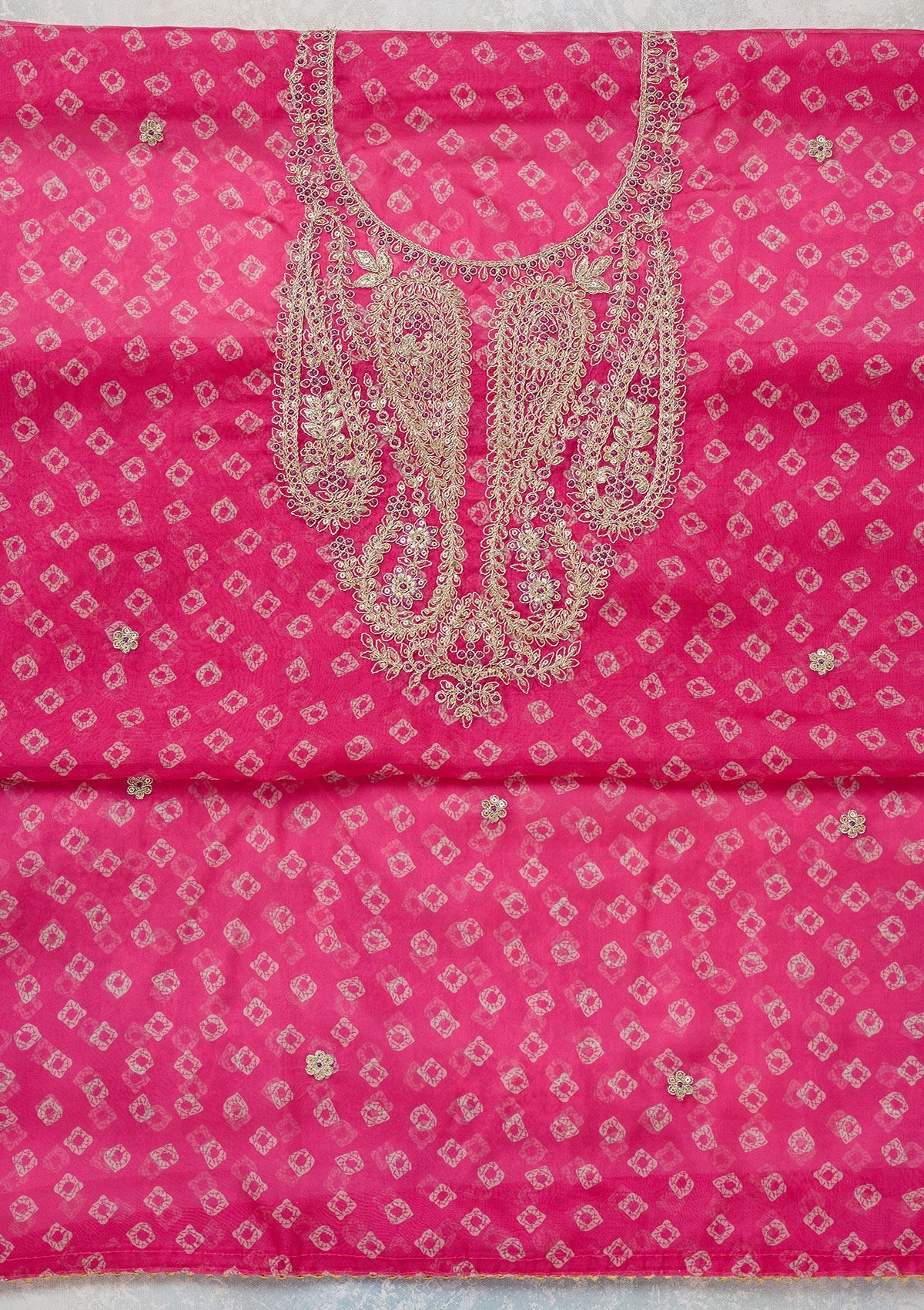 Pink Zariwork (Gold) Organza Unstitched Salwar Suit-Koskii
