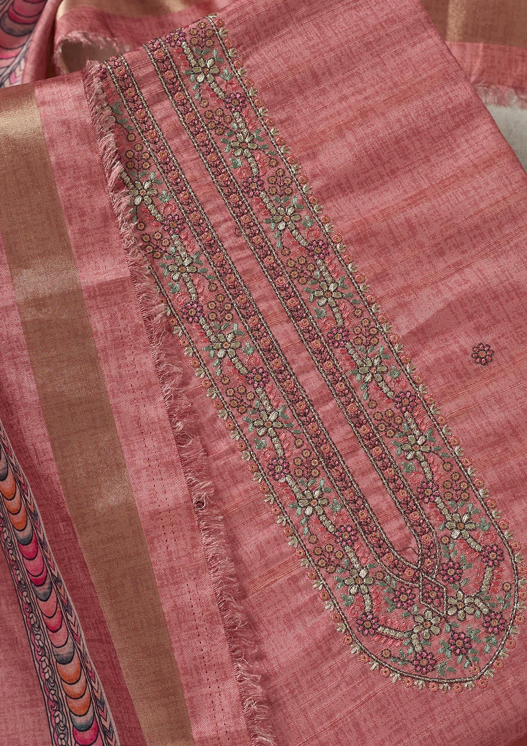 Onion Pink Threadwork Chanderi Unstitched Salwar Suit-Koskii