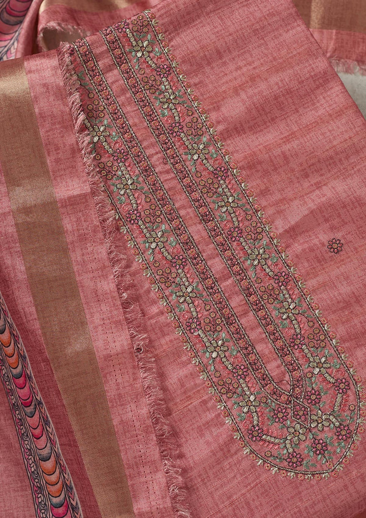 Onion Pink Threadwork Chanderi Unstitched Salwar Suit-Koskii