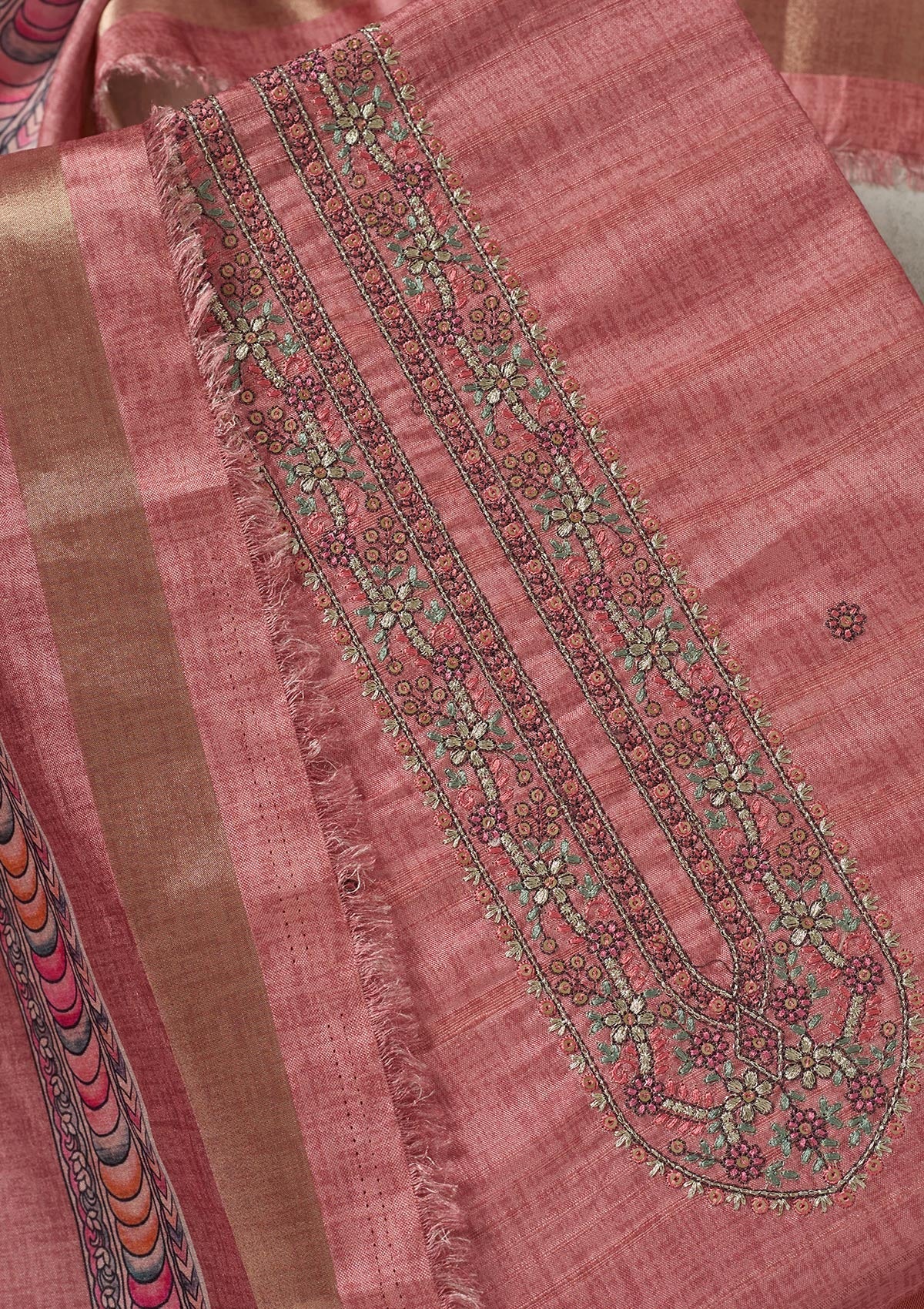 Onion Pink Threadwork Chanderi Unstitched Salwar Suit-Koskii
