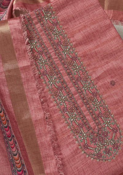 Onion Pink Threadwork Chanderi Unstitched Salwar Suit-Koskii