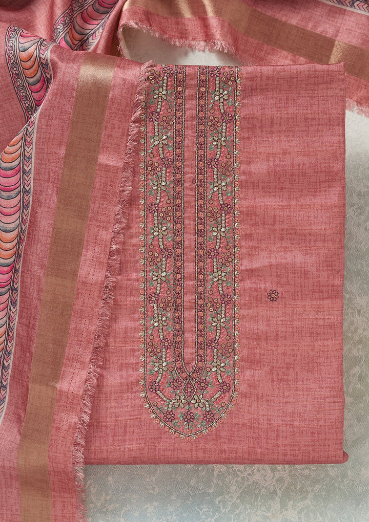 Onion Pink Threadwork Chanderi Unstitched Salwar Suit-Koskii