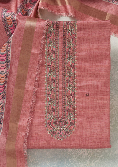 Onion Pink Threadwork Chanderi Unstitched Salwar Suit-Koskii