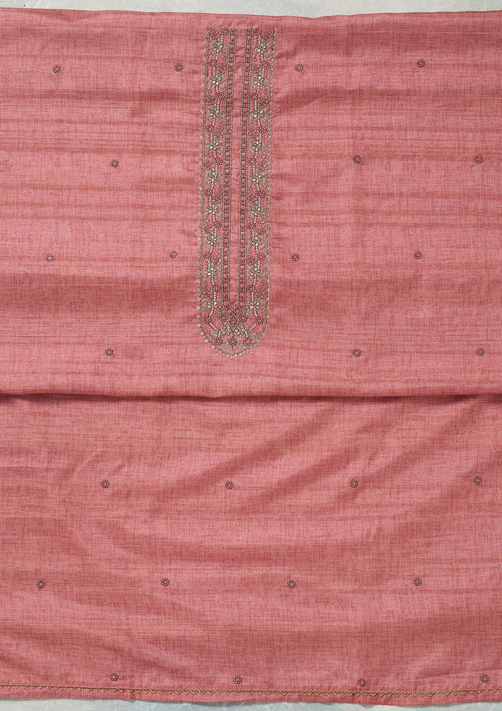 Onion Pink Threadwork Chanderi Unstitched Salwar Suit-Koskii