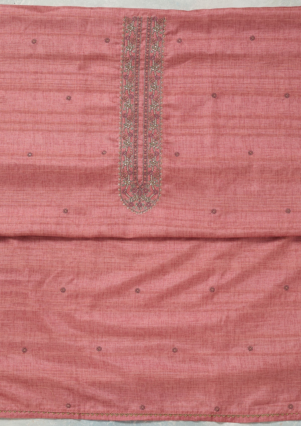 Onion Pink Threadwork Chanderi Unstitched Salwar Suit-Koskii