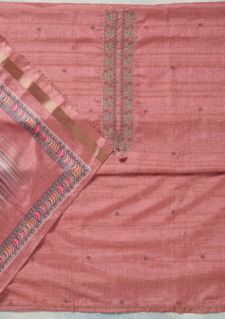 Onion Pink Threadwork Chanderi Unstitched Salwar Suit-Koskii