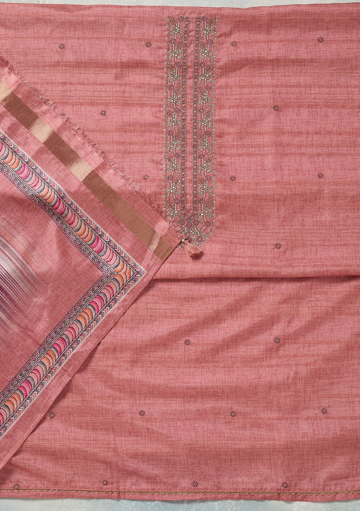 Onion Pink Threadwork Chanderi Unstitched Salwar Suit-Koskii