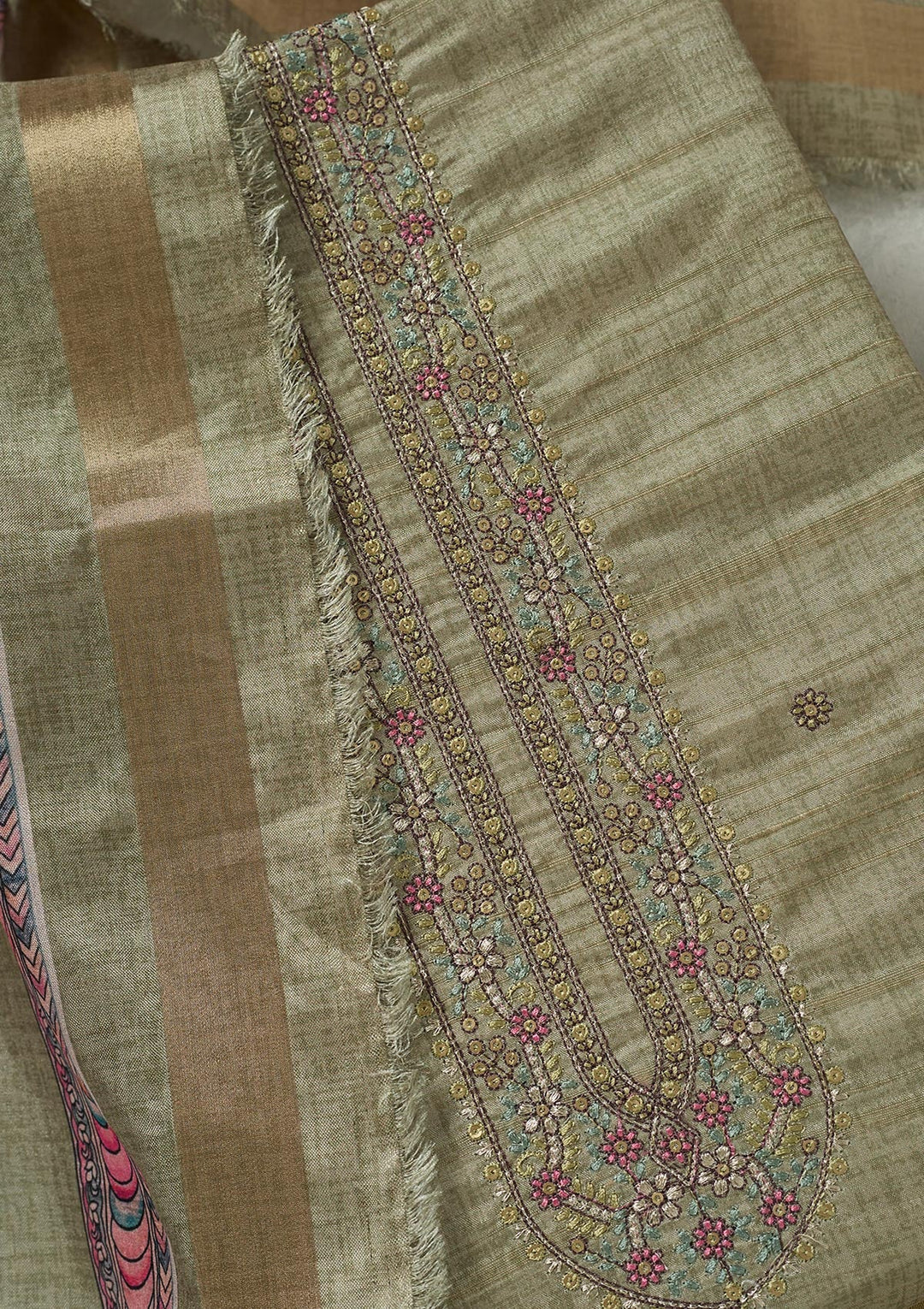 Pista Green Threadwork Chanderi Unstitched Salwar Suit-Koskii