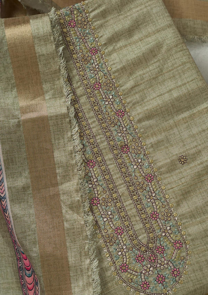 Pista Green Threadwork Chanderi Unstitched Salwar Suit-Koskii