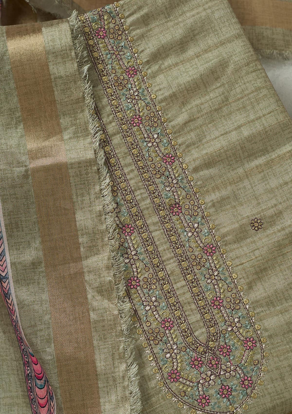 Pista Green Threadwork Chanderi Unstitched Salwar Suit-Koskii