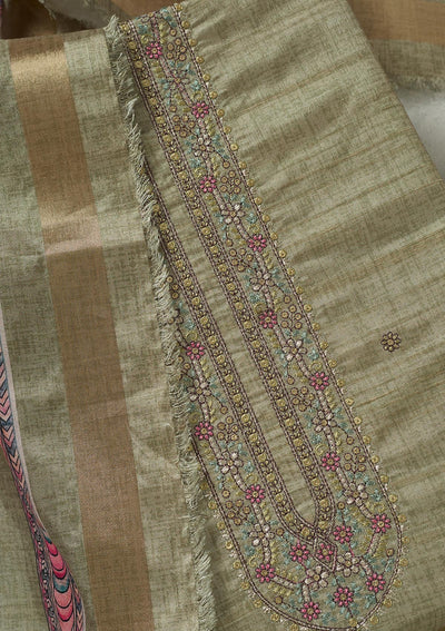 Pista Green Threadwork Chanderi Unstitched Salwar Suit-Koskii