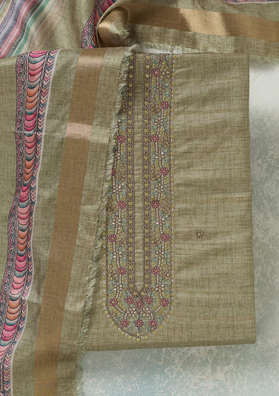 Pista Green Threadwork Chanderi Unstitched Salwar Suit-Koskii
