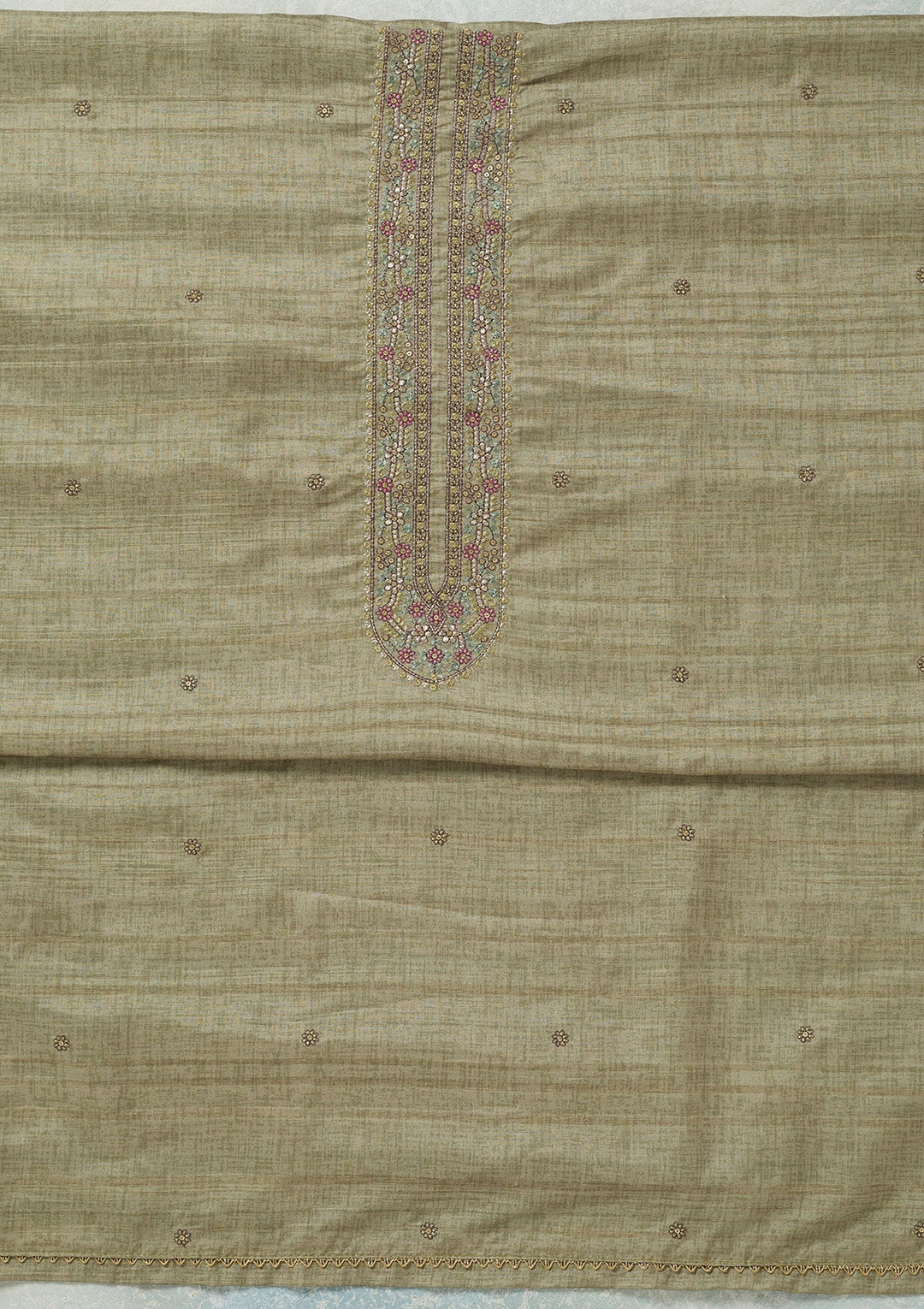 Pista Green Threadwork Chanderi Unstitched Salwar Suit-Koskii