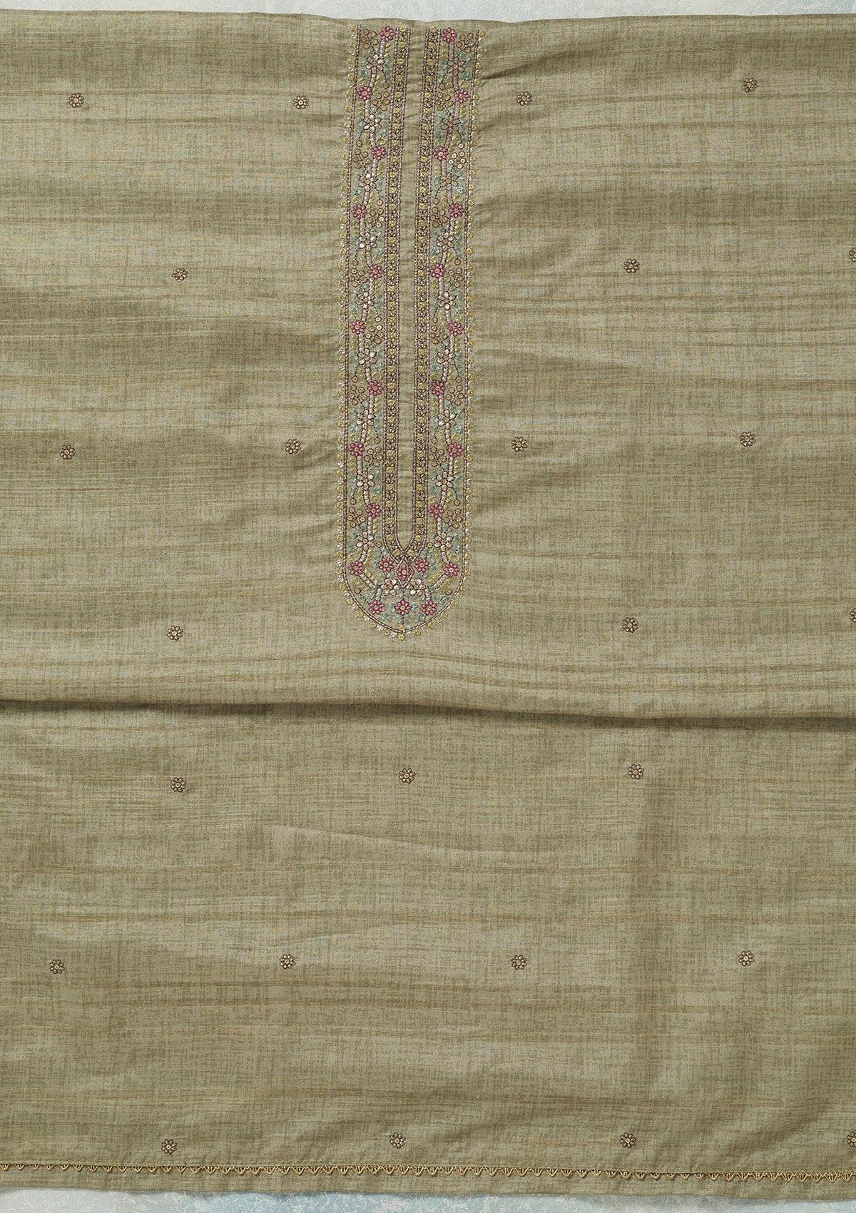 Pista Green Threadwork Chanderi Unstitched Salwar Suit-Koskii