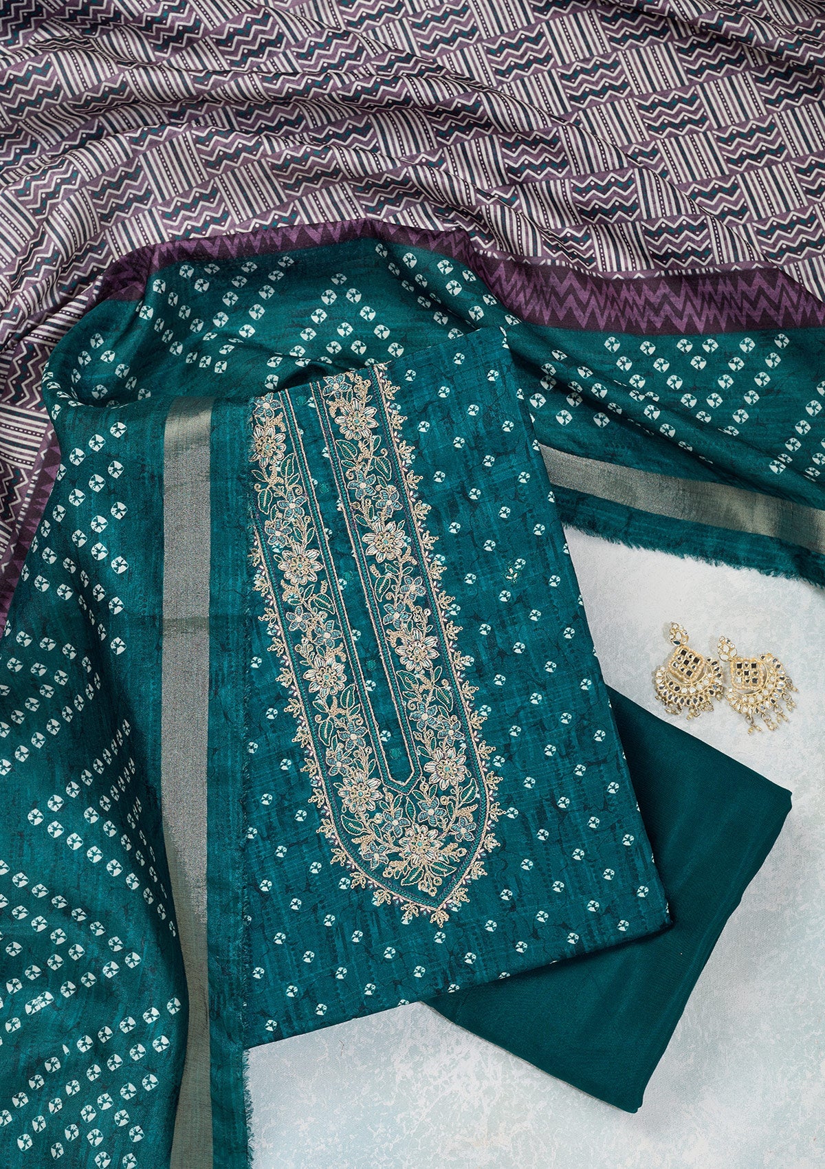 Peacock Blue Threadwork Organza Unstitched Salwar Suit-Koskii