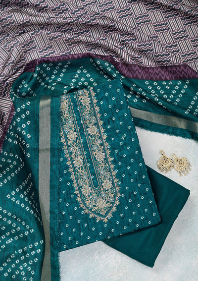 Peacock Blue Threadwork Organza Unstitched Salwar Suit-Koskii