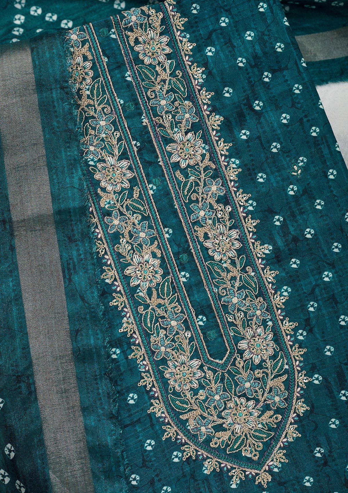 Peacock Blue Threadwork Organza Unstitched Salwar Suit-Koskii