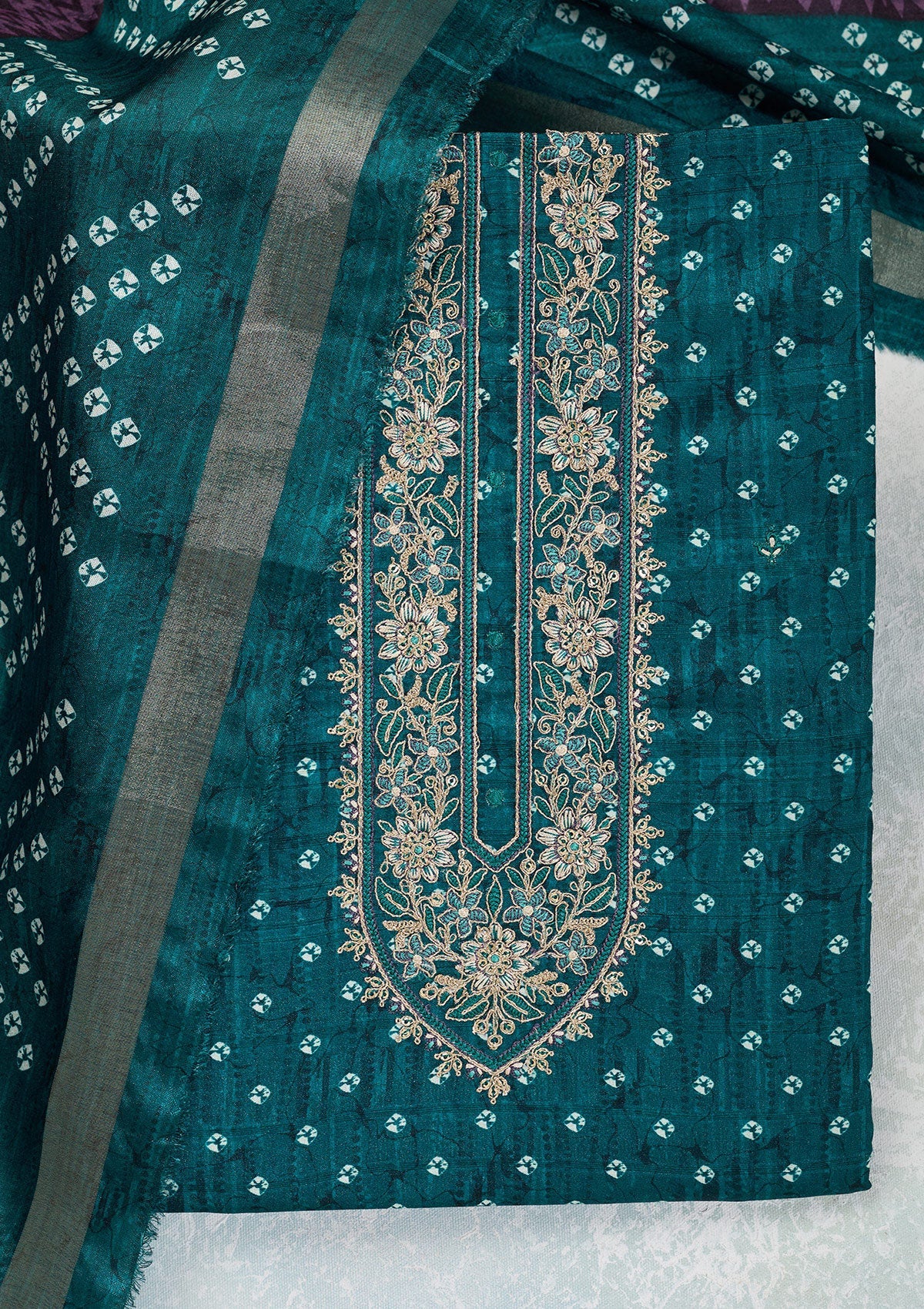 Peacock Blue Threadwork Organza Unstitched Salwar Suit-Koskii