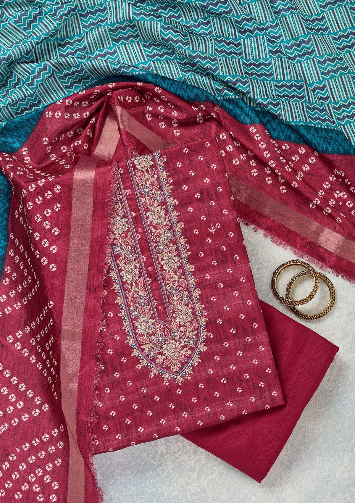 Pink Threadwork Organza Unstitched Salwar Suit-Koskii
