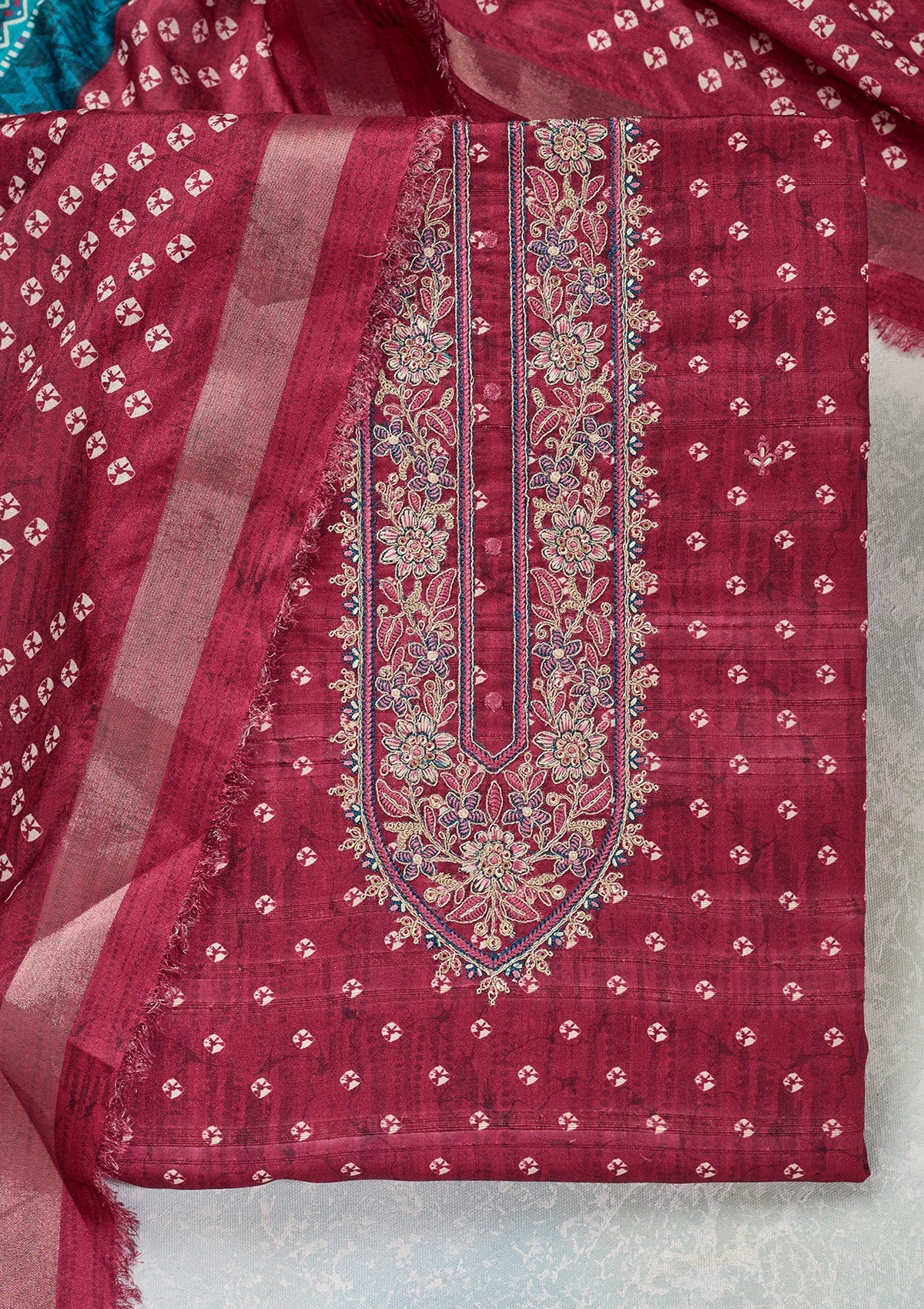 Pink Threadwork Organza Unstitched Salwar Suit-Koskii