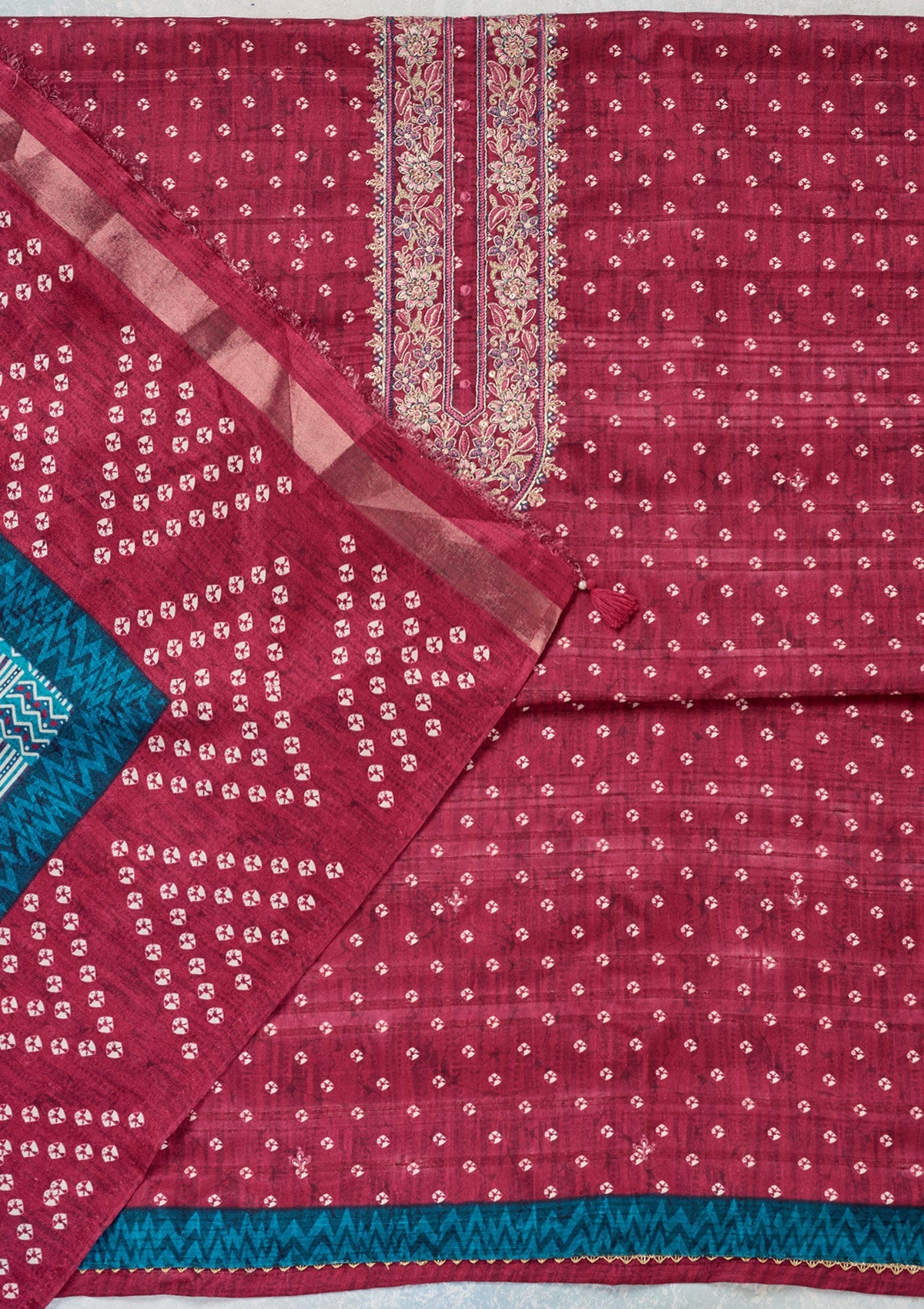 Pink Threadwork Organza Unstitched Salwar Suit-Koskii