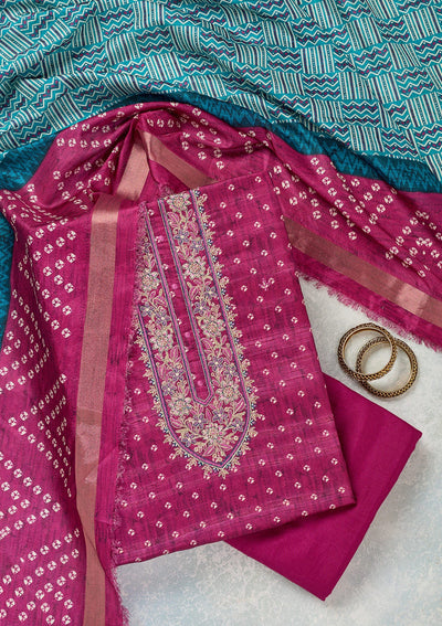 Wine Threadwork Organza Unstitched Salwar Suit-Koskii