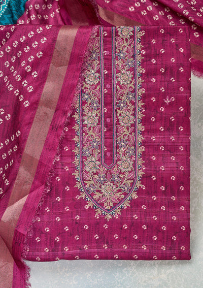 Wine Threadwork Organza Unstitched Salwar Suit-Koskii