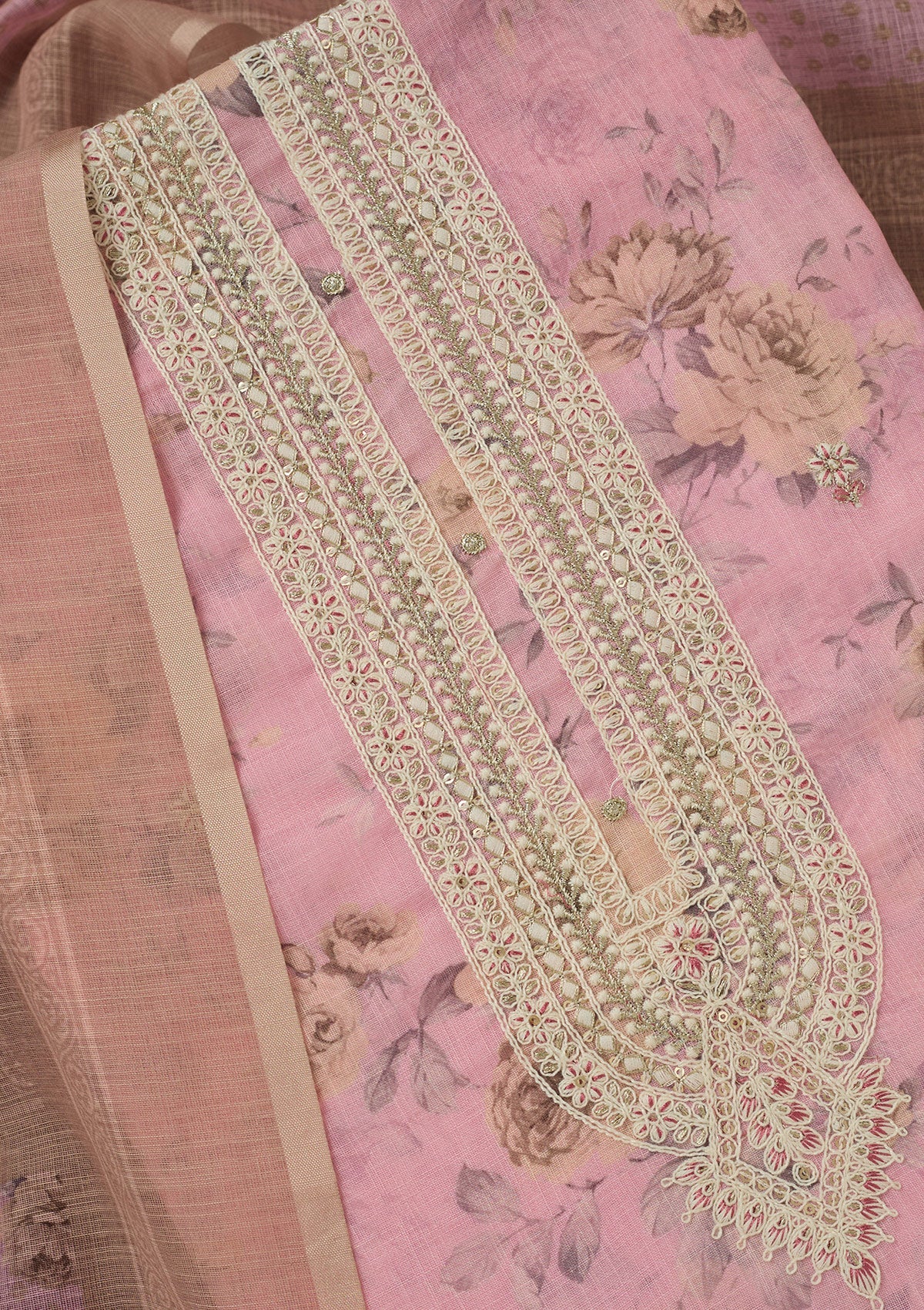 Baby Pink Threadwork Linen Unstitched Salwar Suit-koskii