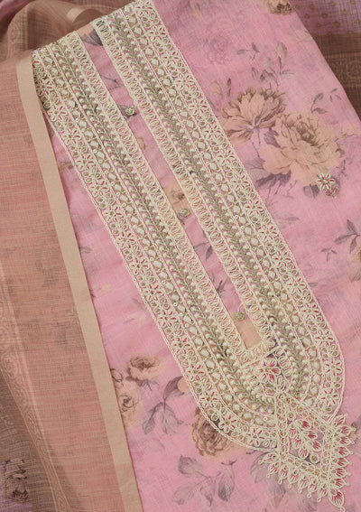 Baby Pink Threadwork Linen Unstitched Salwar Suit-koskii