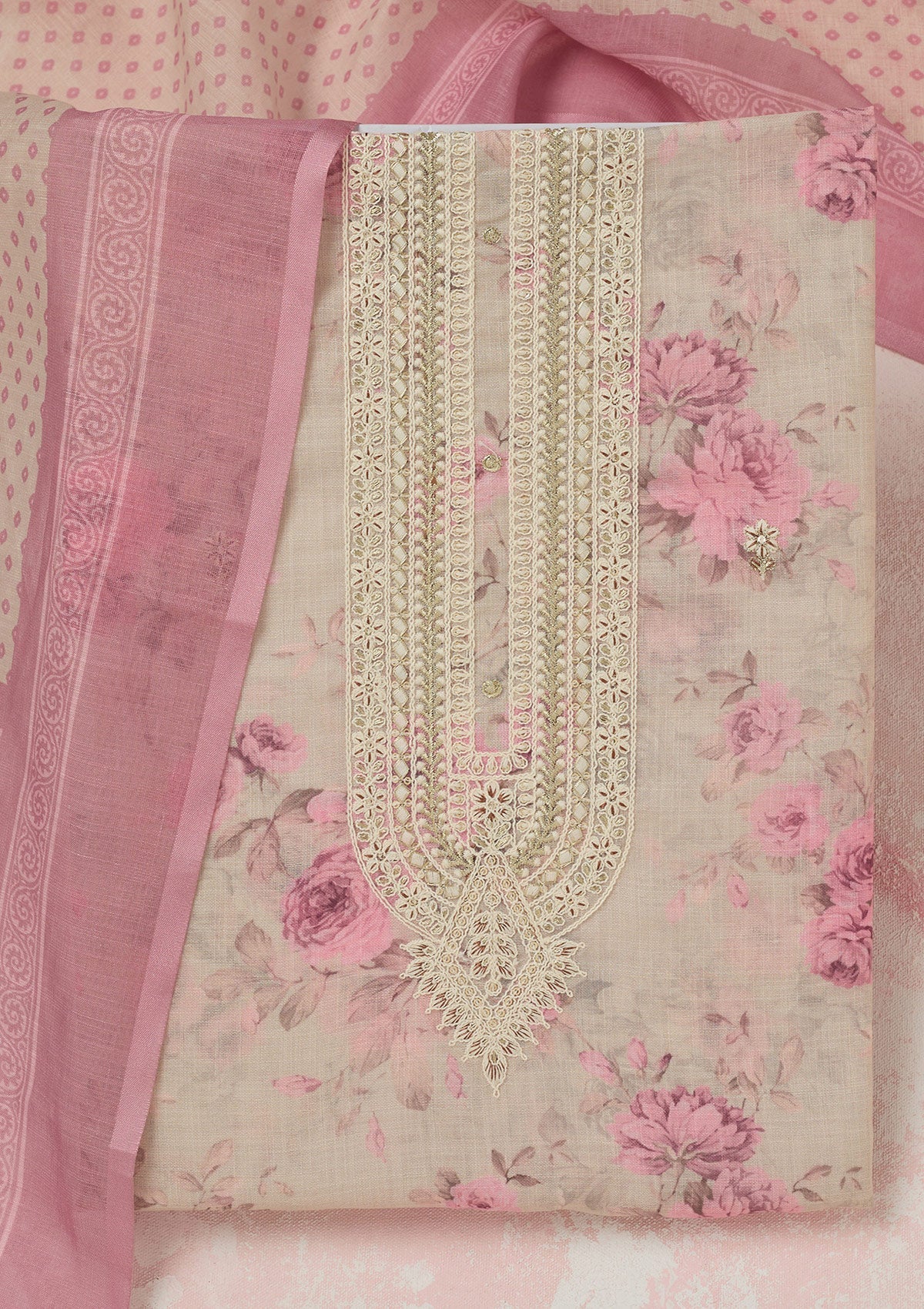 Magenta Pink Zariwork (Gold) Chinon Readymade salwar suit-koskii