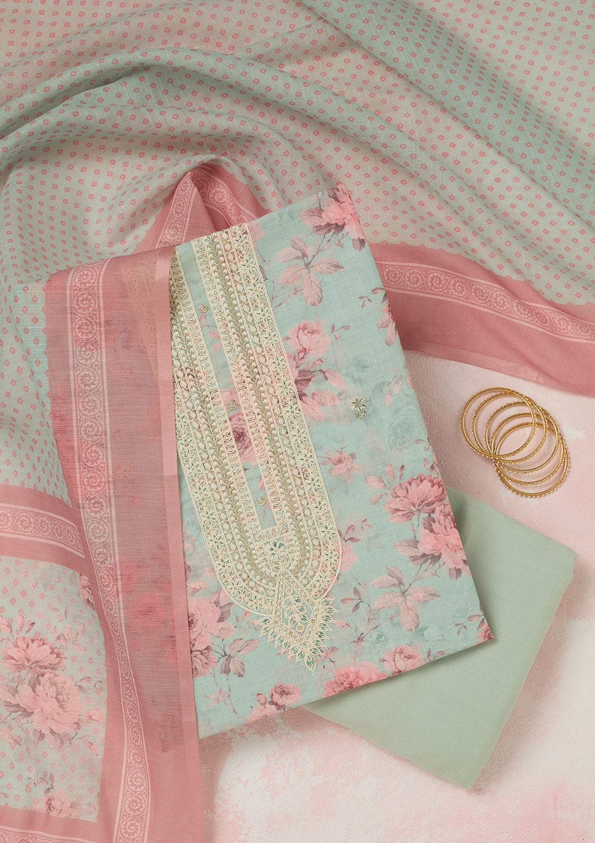 Sea Green Threadwork Linen Unstitched Salwar Suit-Koskii