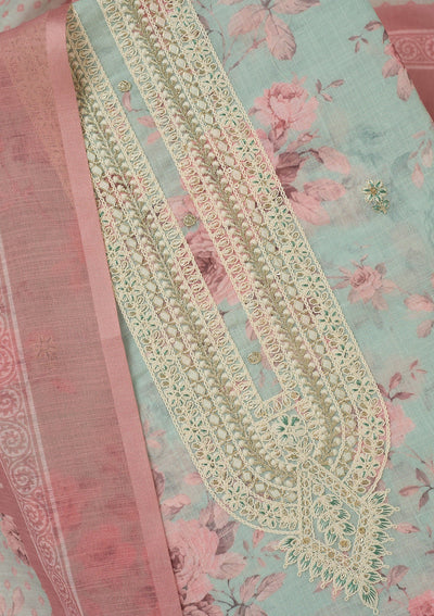 Sea Green Threadwork Linen Unstitched Salwar Suit-Koskii