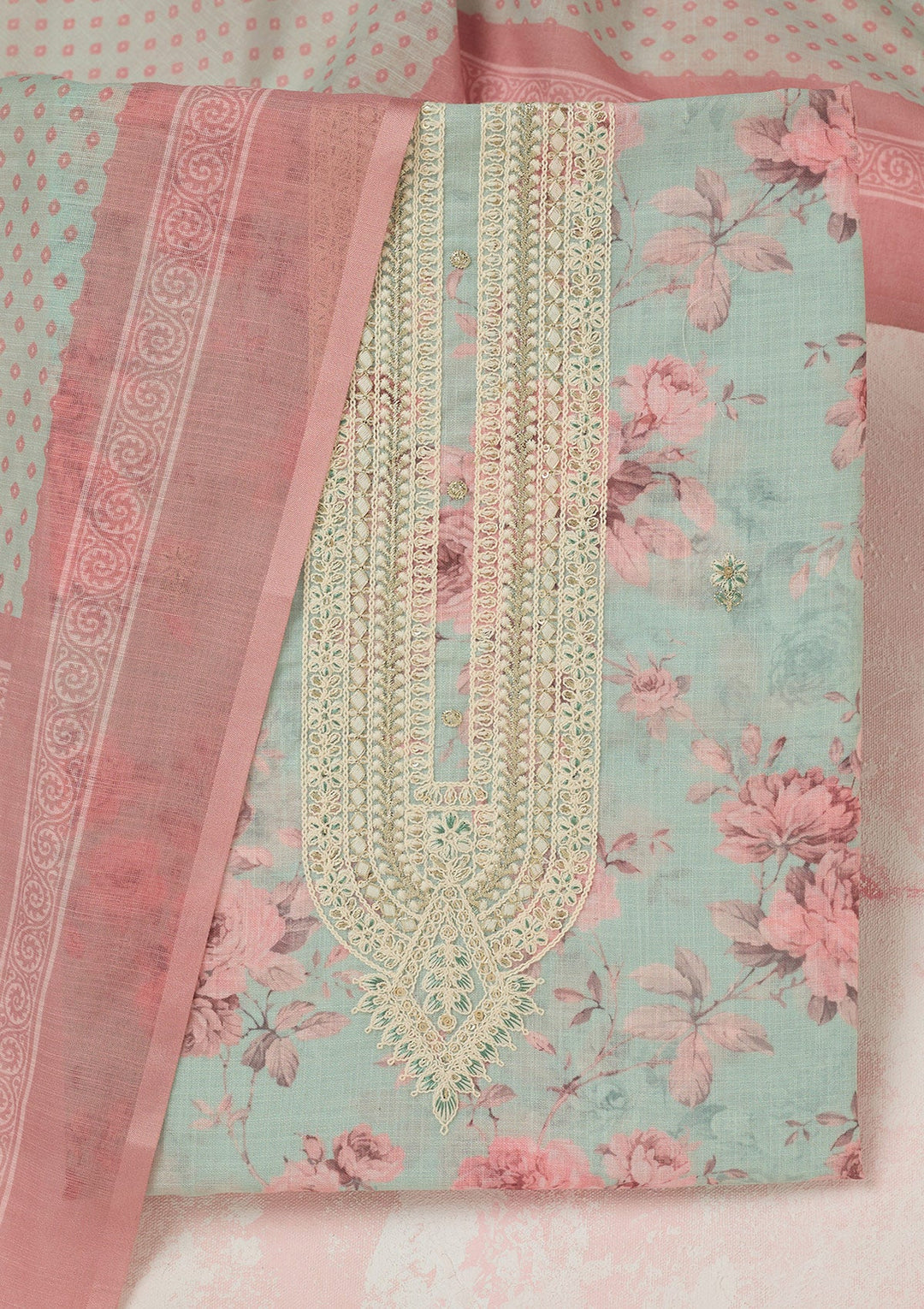Sea Green Threadwork Linen Unstitched Salwar Suit-Koskii