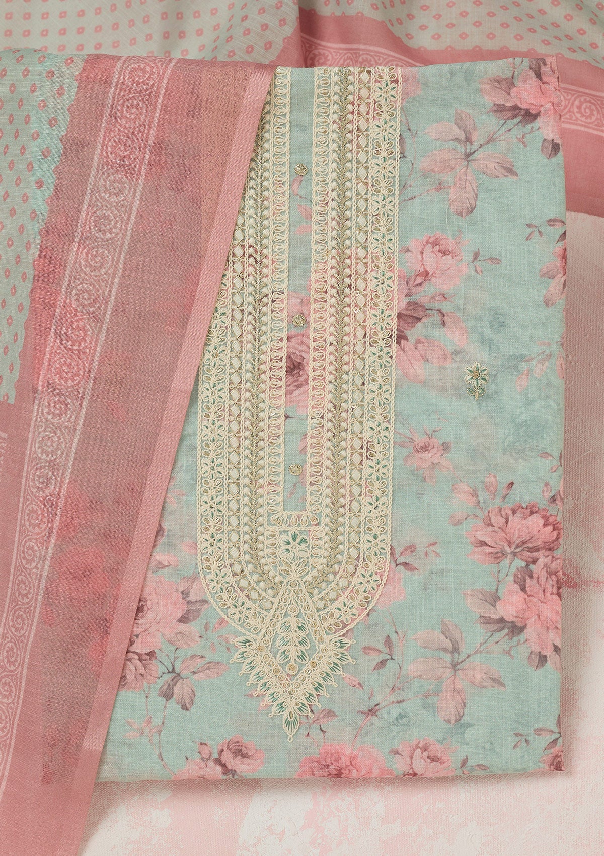 Sea Green Threadwork Linen Unstitched Salwar Suit-Koskii