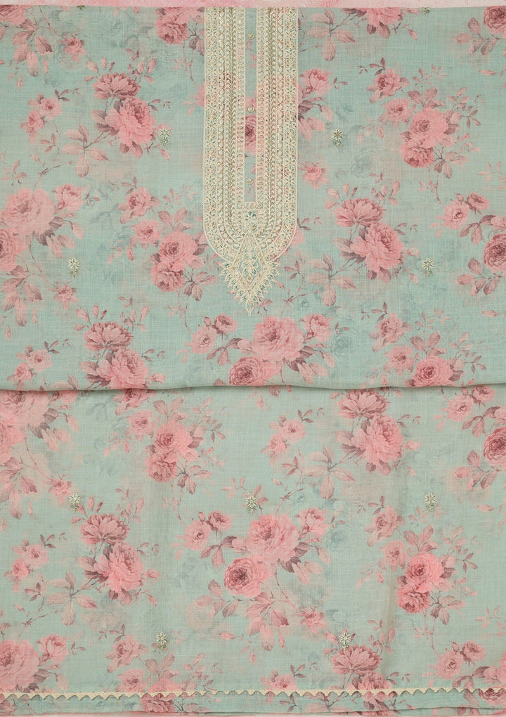 Sea Green Threadwork Linen Unstitched Salwar Suit-Koskii