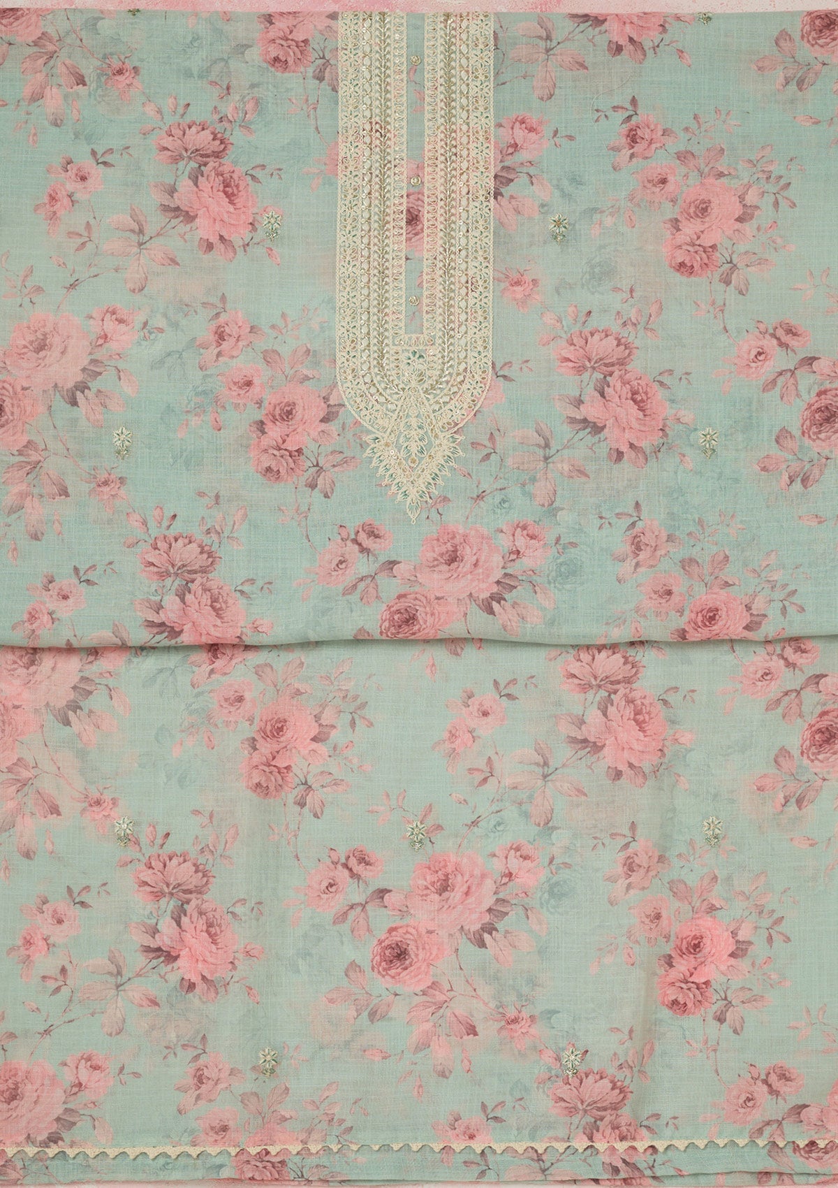 Sea Green Threadwork Linen Unstitched Salwar Suit-Koskii
