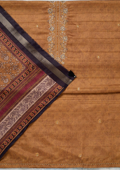 Mustard Threadwork Chanderi Unstitched Salwar Suit-Koskii
