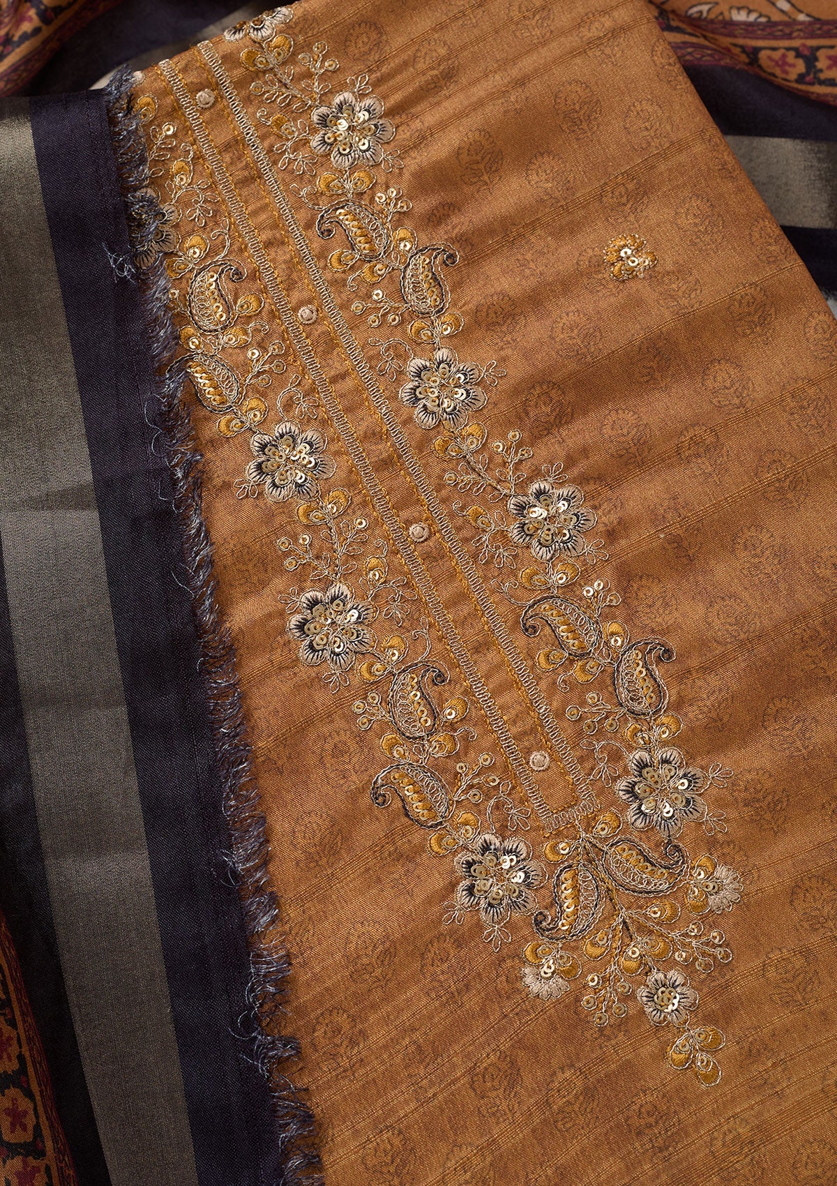 Mustard Threadwork Chanderi Unstitched Salwar Suit-Koskii