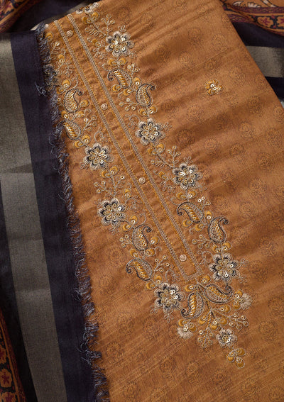 Mustard Threadwork Chanderi Unstitched Salwar Suit-Koskii