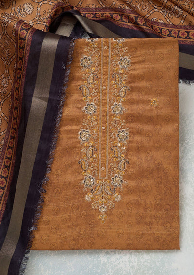 Mustard Threadwork Chanderi Unstitched Salwar Suit-Koskii