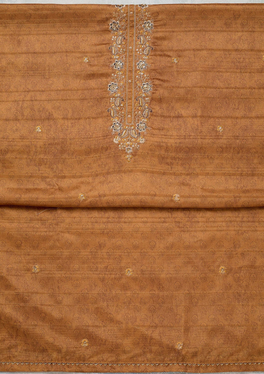 Mustard Threadwork Chanderi Unstitched Salwar Suit-Koskii