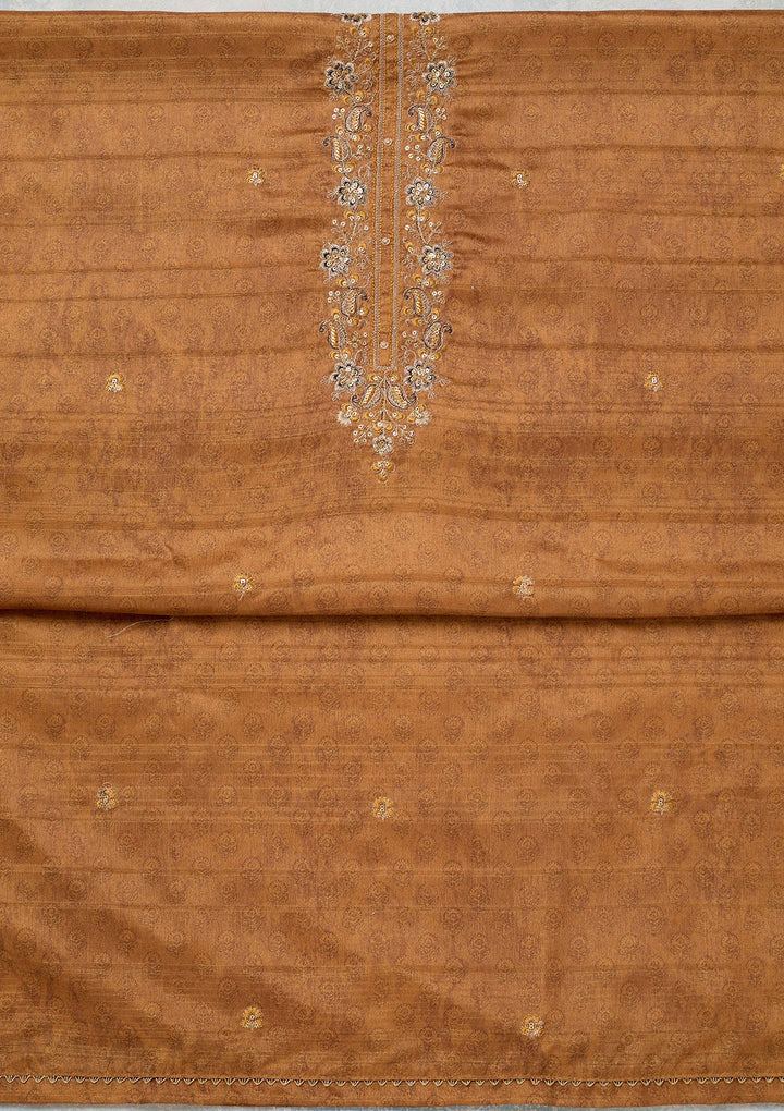 Mustard Threadwork Chanderi Unstitched Salwar Suit-Koskii