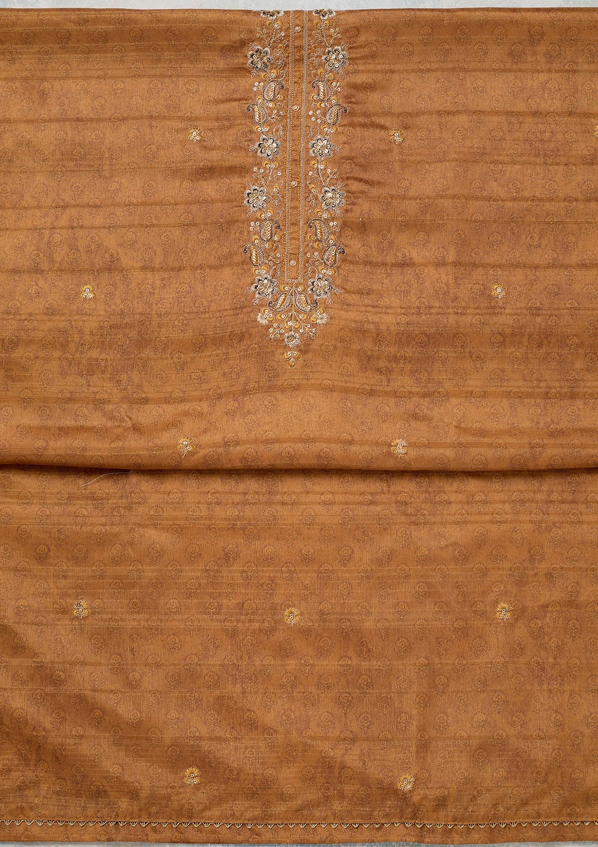 Mustard Threadwork Chanderi Unstitched Salwar Suit-Koskii