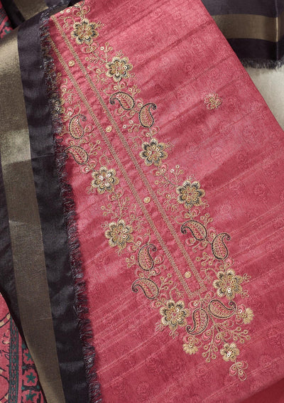 Onion Pink Threadwork Chanderi Unstitched Salwar Suit-Koskii